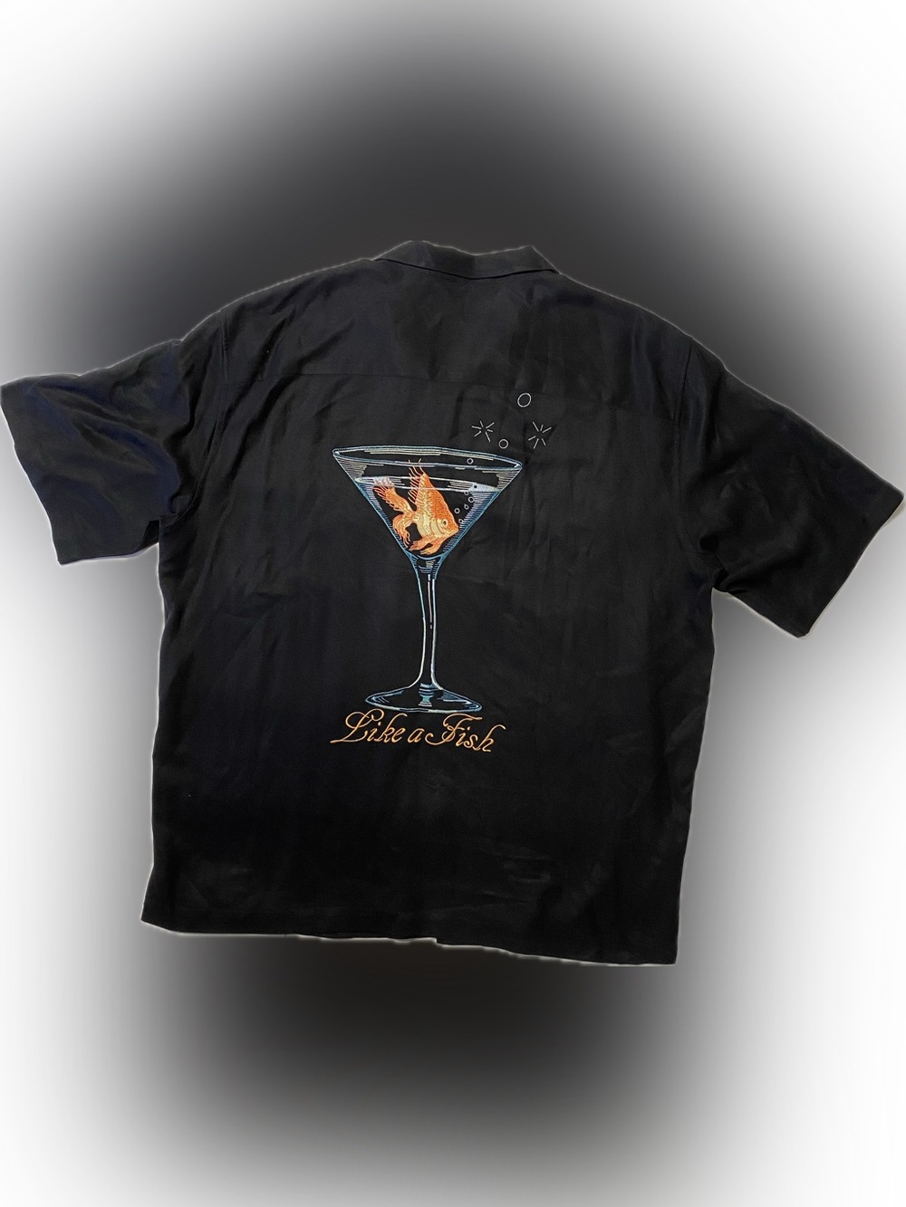 Tori Richard Black Camp Shirt with Embroidered Goldfish Martini